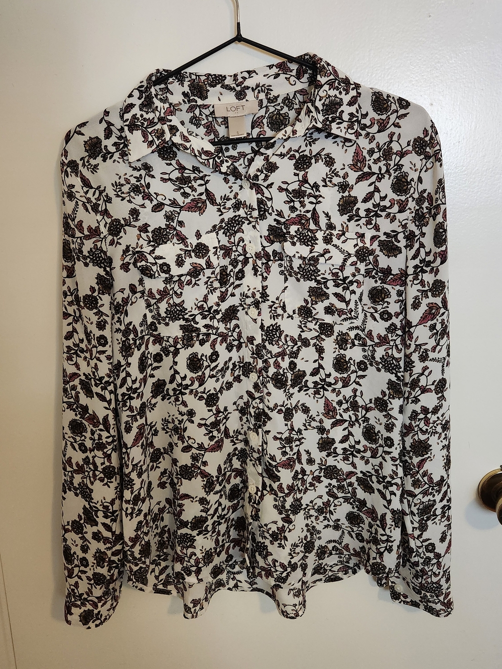 LOFT White Button-Down Shirt with Black & Burgundy Floral Print